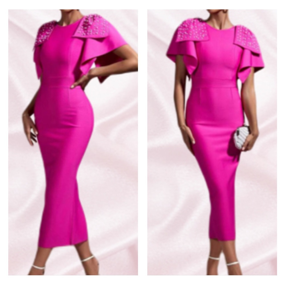 Pink BodyCon Exaggerated Embellished Sleeves Dress